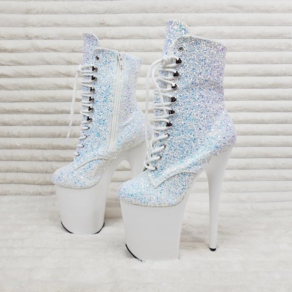 White Ice UV Glitter 8" Platform Heel Ankle Boots Flamingo - Picture 7 of 12